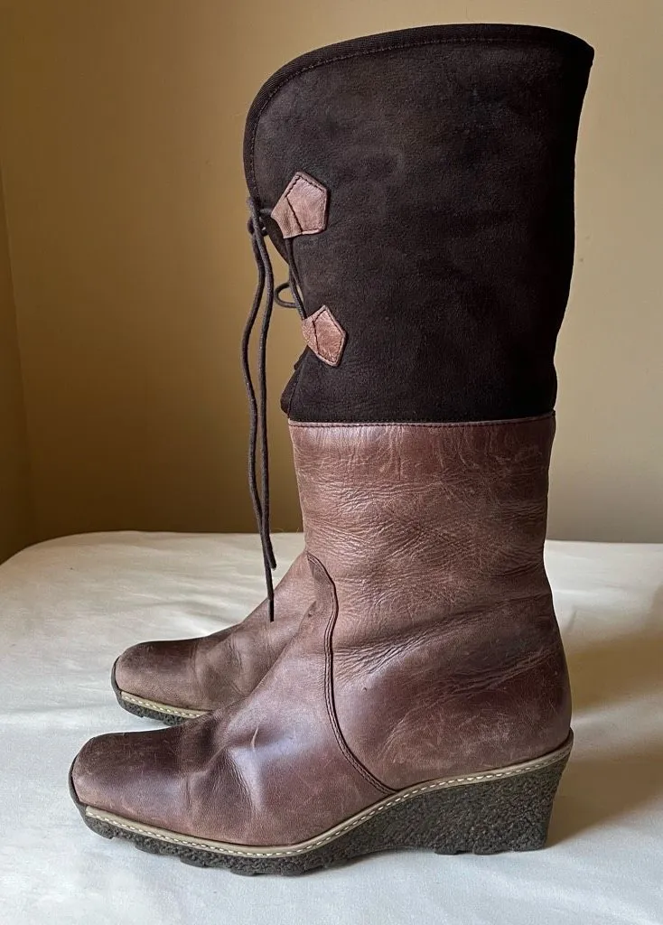 Eric Michael Eric Michael Two-Tone Leather Knee High Boots 39 Fur Lined Wedge Heel - Image 1