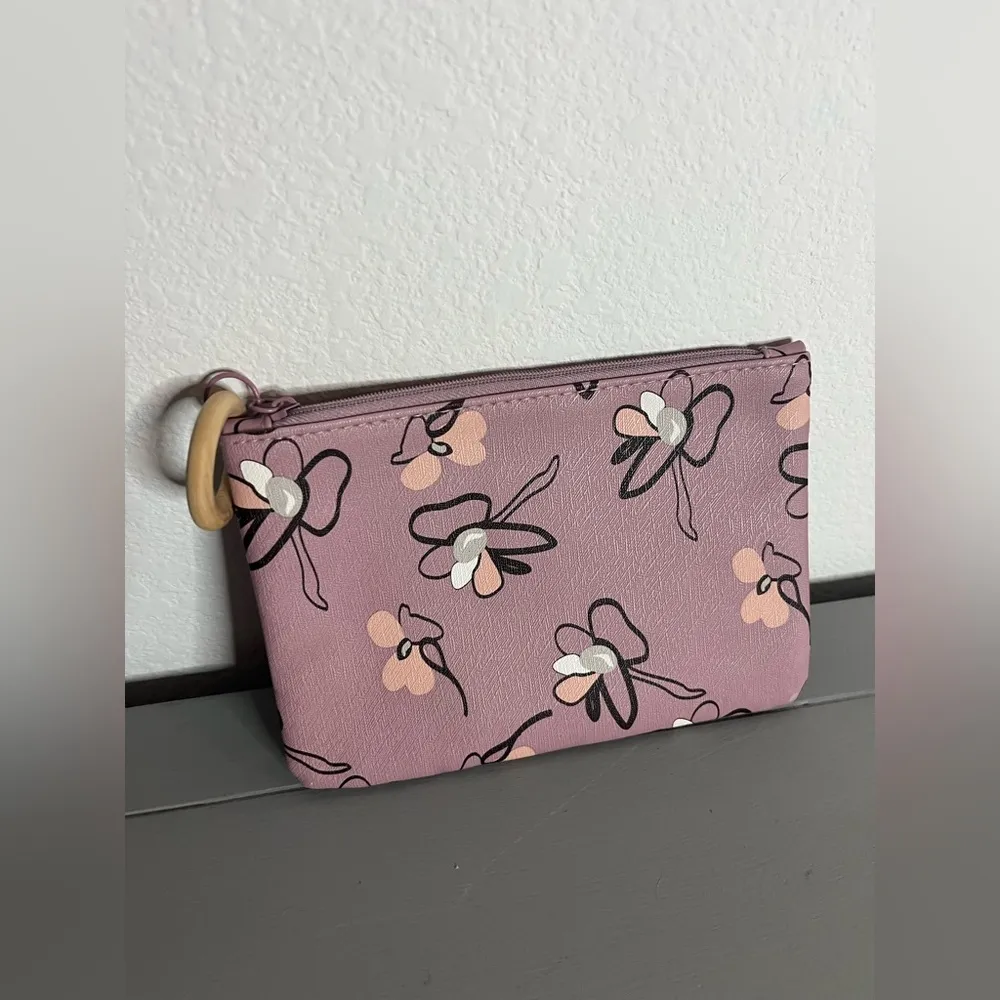 Ipsy April 2020 Abstract Orchid Floral Print Mauve Purple Wood Pull Cosmetic Bag - Image 3