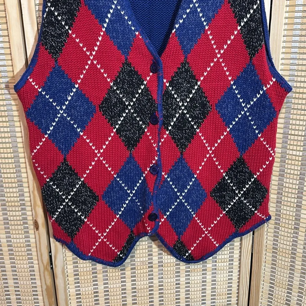 Bechamel Casual Vintage 1990s Blue Red Argyle Plaid Sweater Vest Large - Image 3