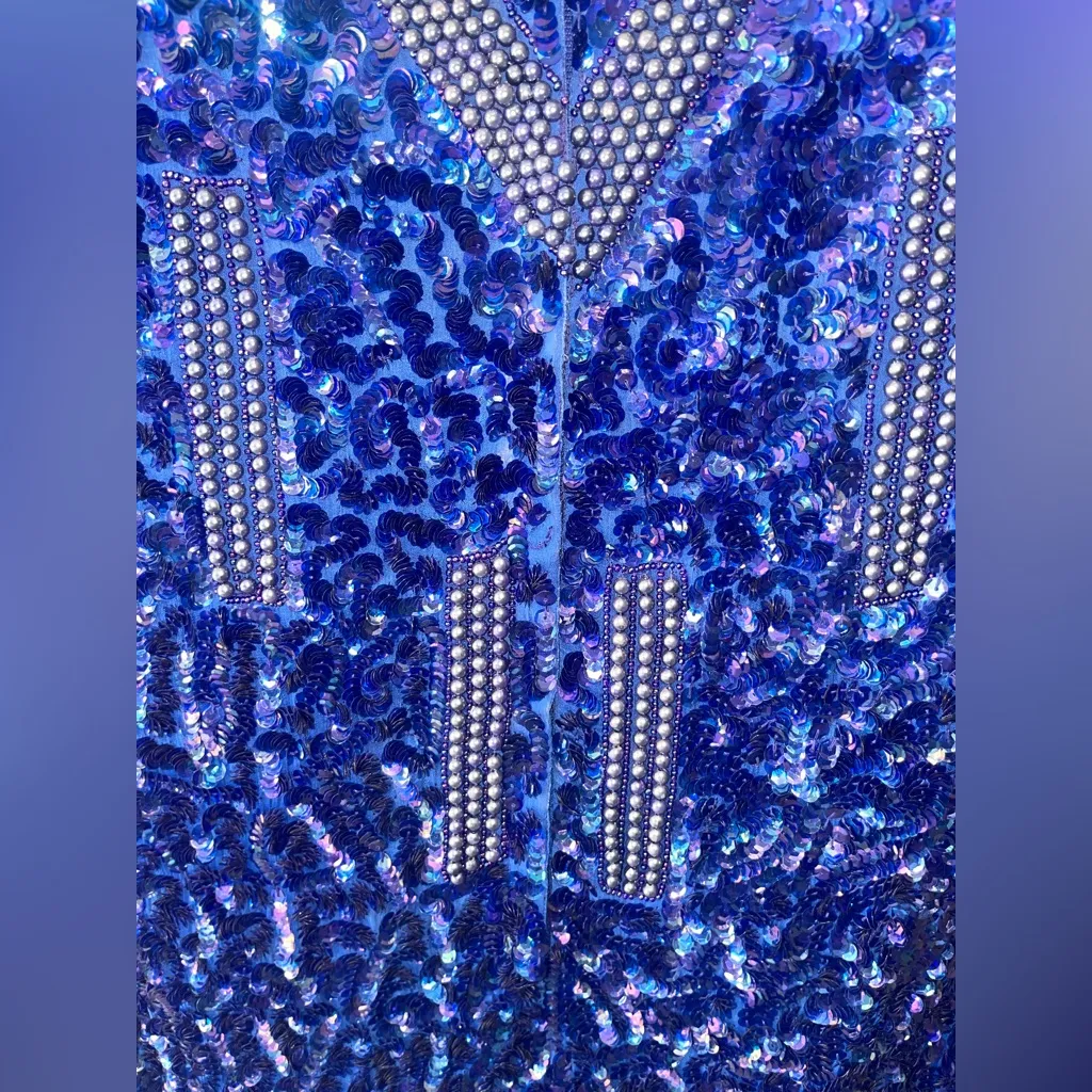 Relin Vintage Blue Sequin Maxi Dress Formal Gown Beaded 100% Silk Dynasty 1980s Size L - Image 10