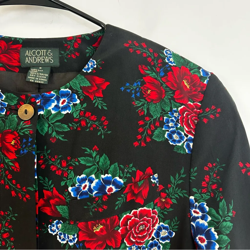 Vintage Alcott & Andrews 100% Silk Red/Blue Floral Button Up Blazer Size 8 Red - Image 4