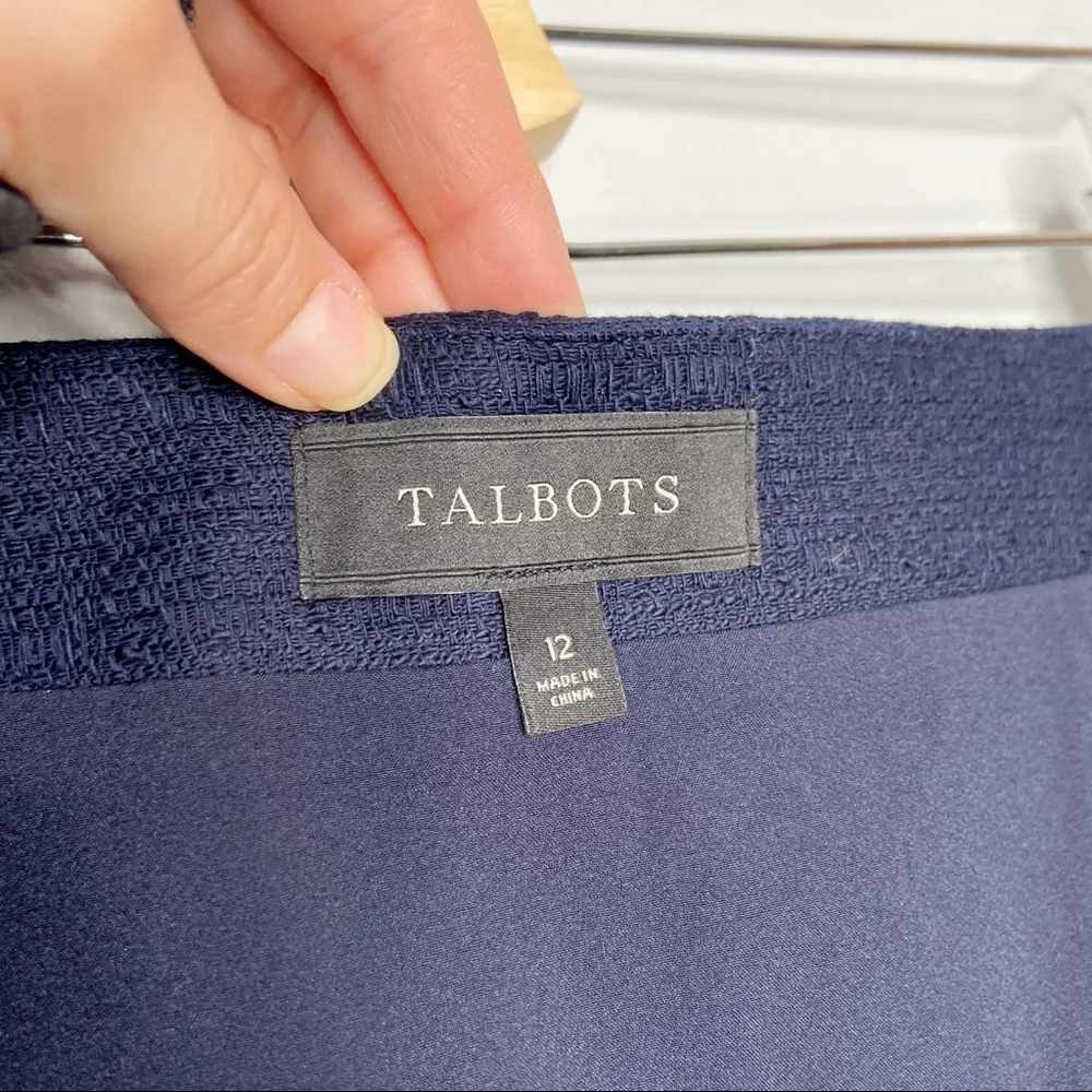 Talbots Navy Blue Tweed Knit Embroidered Sequin Fringe Pencil Skirt - Image 9