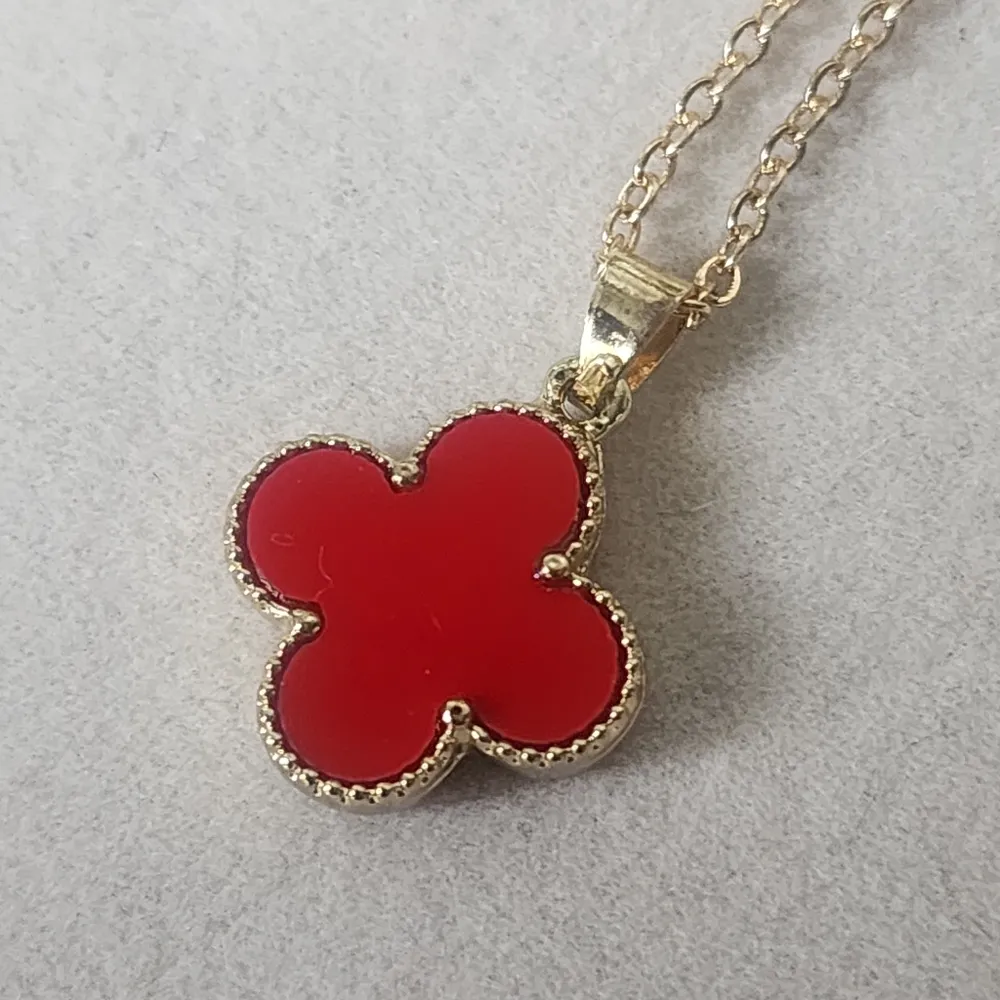 Gold Stainless Steel Necklace Chain Earrings Set Red Quatrefoil Flower/ Clover - Image 3