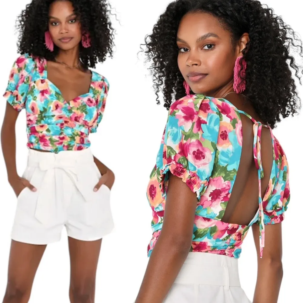 NWT Lulus Hues of You Teal Multi Floral Print Ruched Puff Sleeve Top Size XS - Image 2