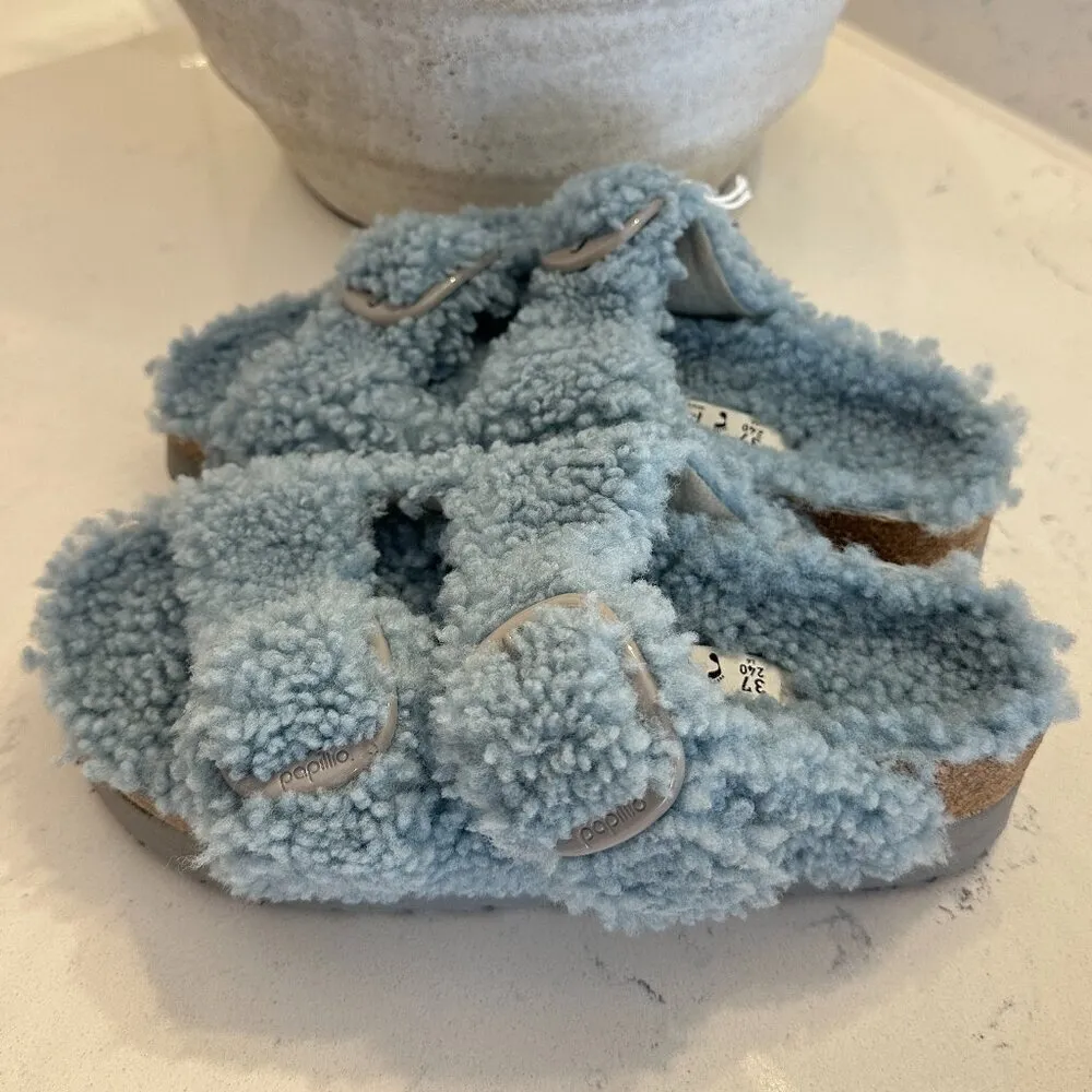 BIRKENSTOCK Arizona Big Buckle Genuine Shearling Slide Sandal in Faded Aqua - Image 7