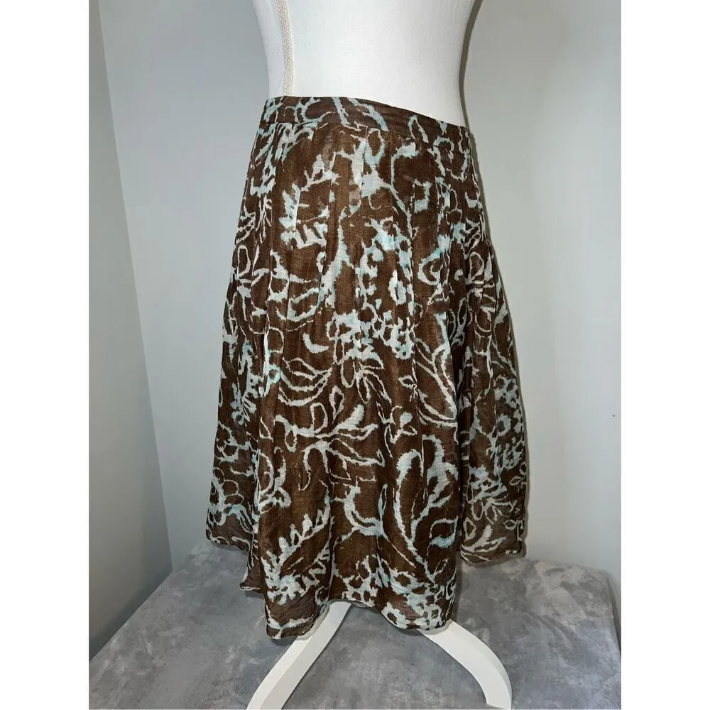 Women’s Vintage Linen/Silk Baby Blue-Brown Midi Skirt 8 Floral A-Line - Image 7