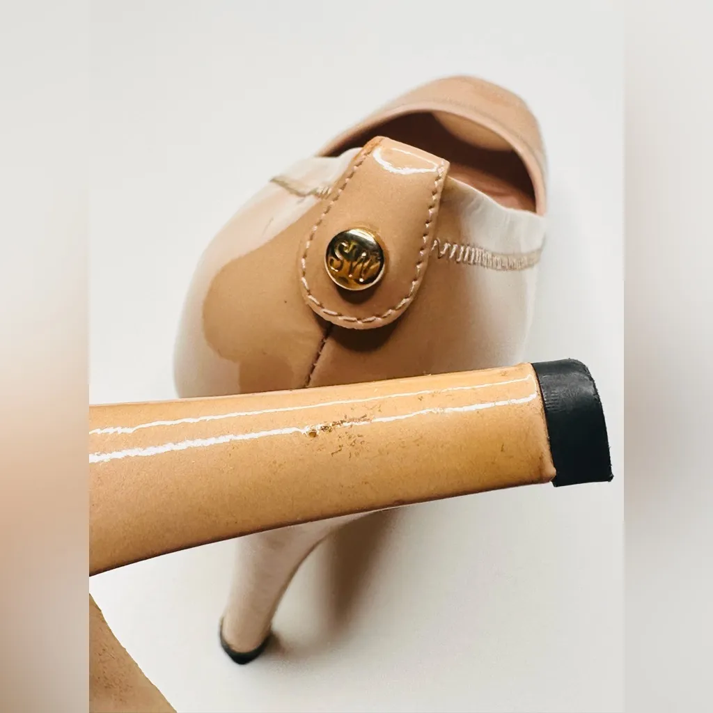 Stuart Weitzman Annabelle Nude Tan Patent Leather Peep Toe Heels Pumps Shoes - Image 6