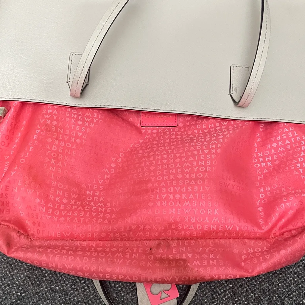 KATE SPADE Large Leather Tote Bag. Bone (Cream/Tan) Color w/Bright Pink Interior - Image 12