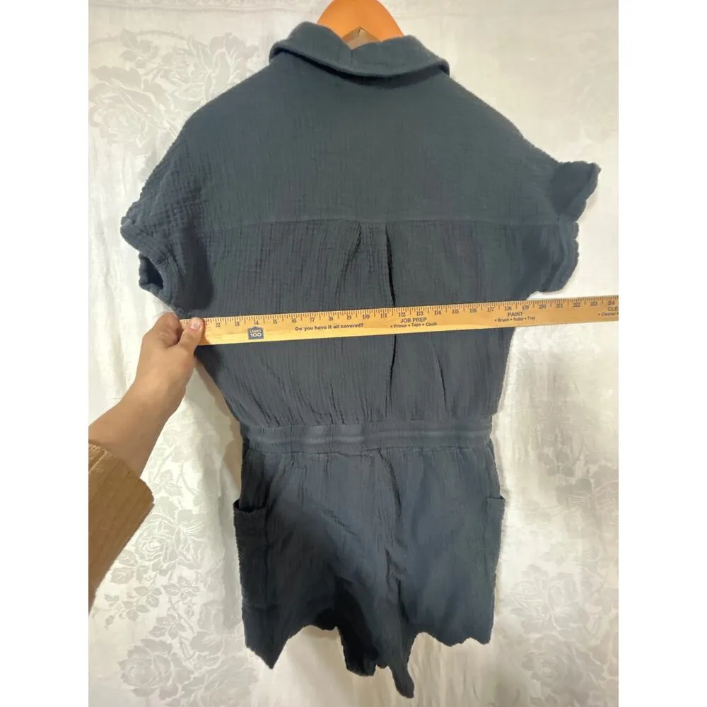 PINCH Romper Medium Navy Blue Gauze Short Sleeve Button Up Shorts Drawstring - Image 9