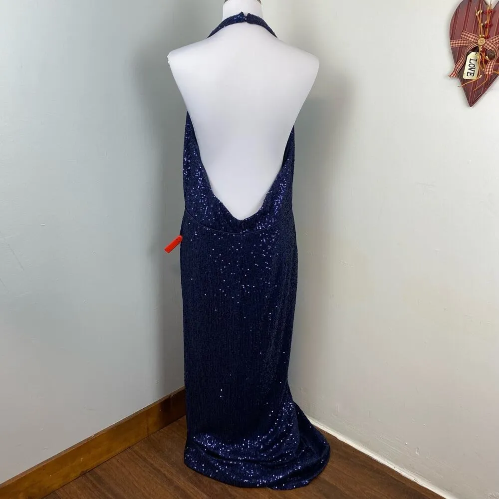 Mac Duggal Navy Sequin Halter Strap Plunge V Neck Gown Size 14 $348 Formal 11277 - Image 7