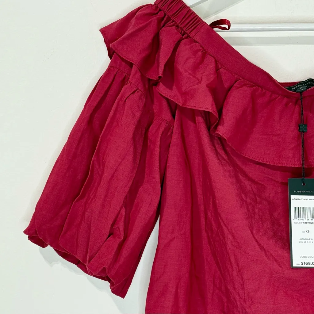 NWT BCBGMAXAZRIA Off Shoulder Shirred Blouse Ruffle Top Red Burgundy Size XS - Image 4