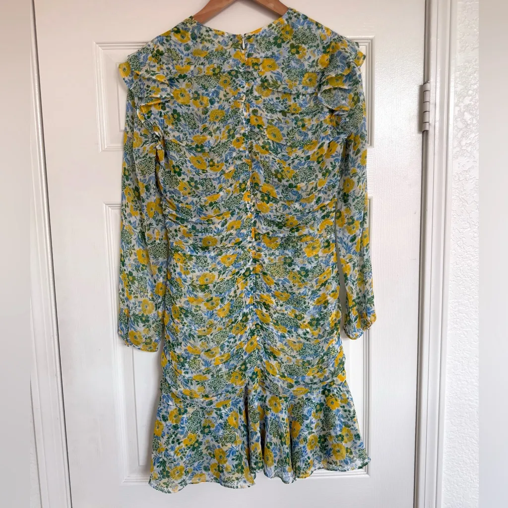 Veronica Beard Ruched Floral Silk Chiffon Mini Long Sleeve Dress 6 Yellow Blue - Image 7
