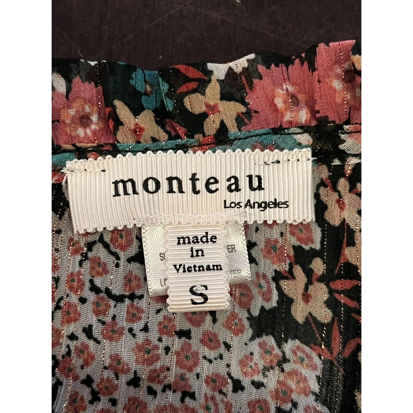 Monteau Blouse Womens Small Black Floral Ruffle Long Sleeve Sheer Lurex Top - Image 7