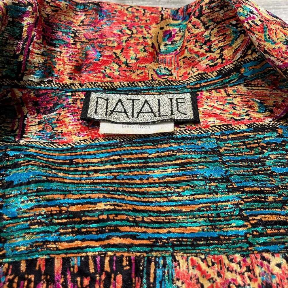 VTG Shirt Sz M Abstract Geometric Shimmer Tie Front Button Retro Funky Western - Image 10