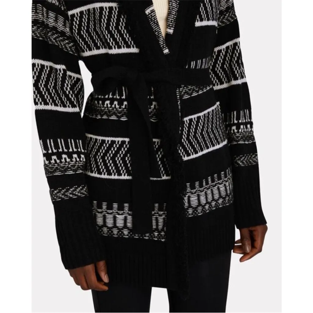 INTERMIX Fringed Wool Cashmere Black White Belted Knit Blanket Cardigan Small - Image 4