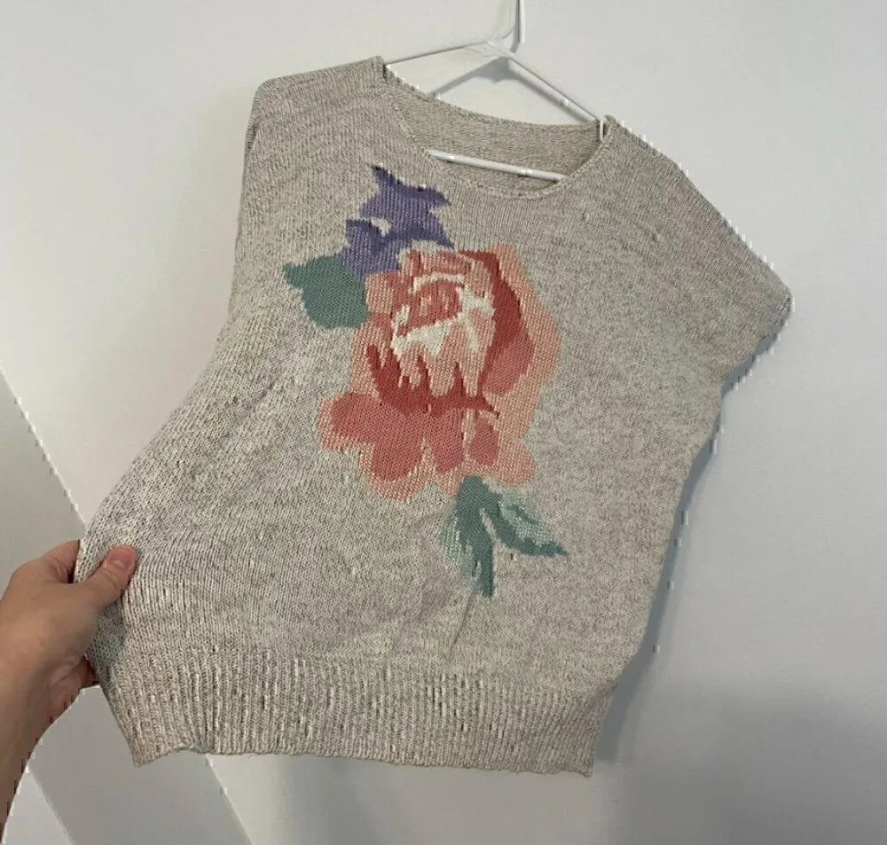 VINTAGE KORET Cream Beige Floral Short Dolman Sleeve Linen Cotton Sweater PETITE Pink Size undefined - Image 8