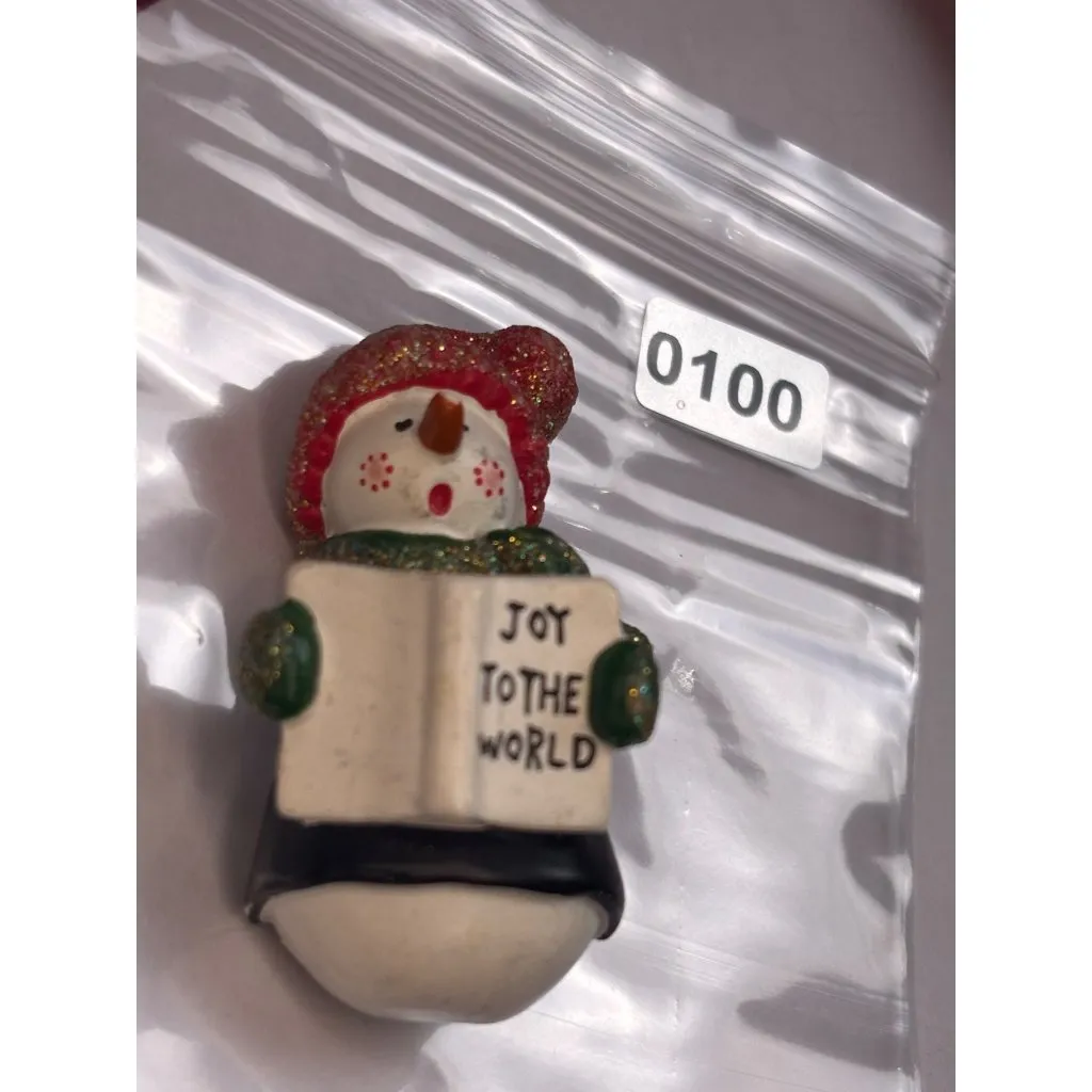 Vintage Snowman "Joy To The World" Brooch Pin With Glitter Accents White - Image 2