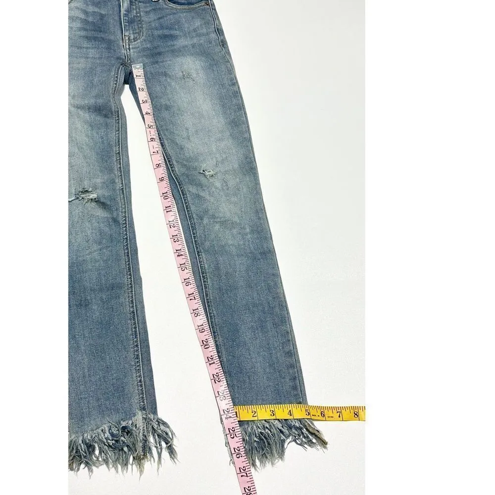 Free People Frayed Hem Distressed Mid Rise Skinny Jeans Blue‎ Stonewash Size 24 - Image 9