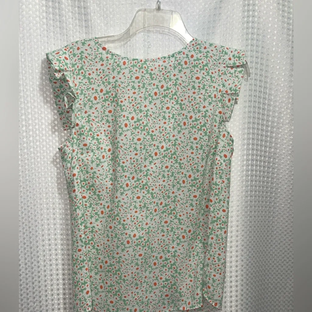 S. Accato Women’s Floral Ruffle Sleeve Blouse Size M Green White Orange Daisies Size M - Image 2