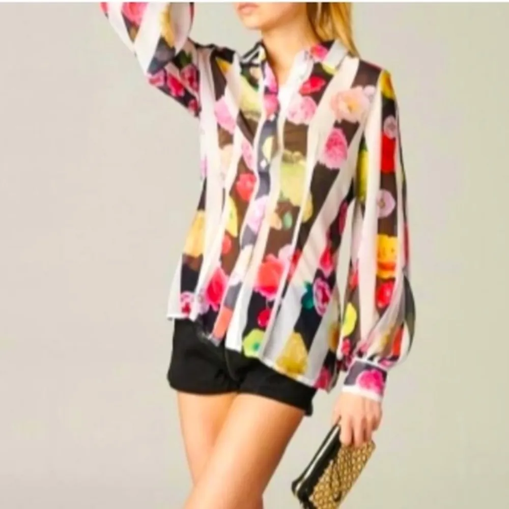 T.O.V. Multicolor Floral Striped Collared Button Up Sheer Blouse RARE 42 Euro L Size L - Image 10
