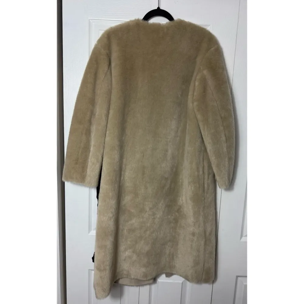 H&M Cream Beige Faux Fur Suede Lined Coat Black Contrast Waist Tie Size Large - Image 12