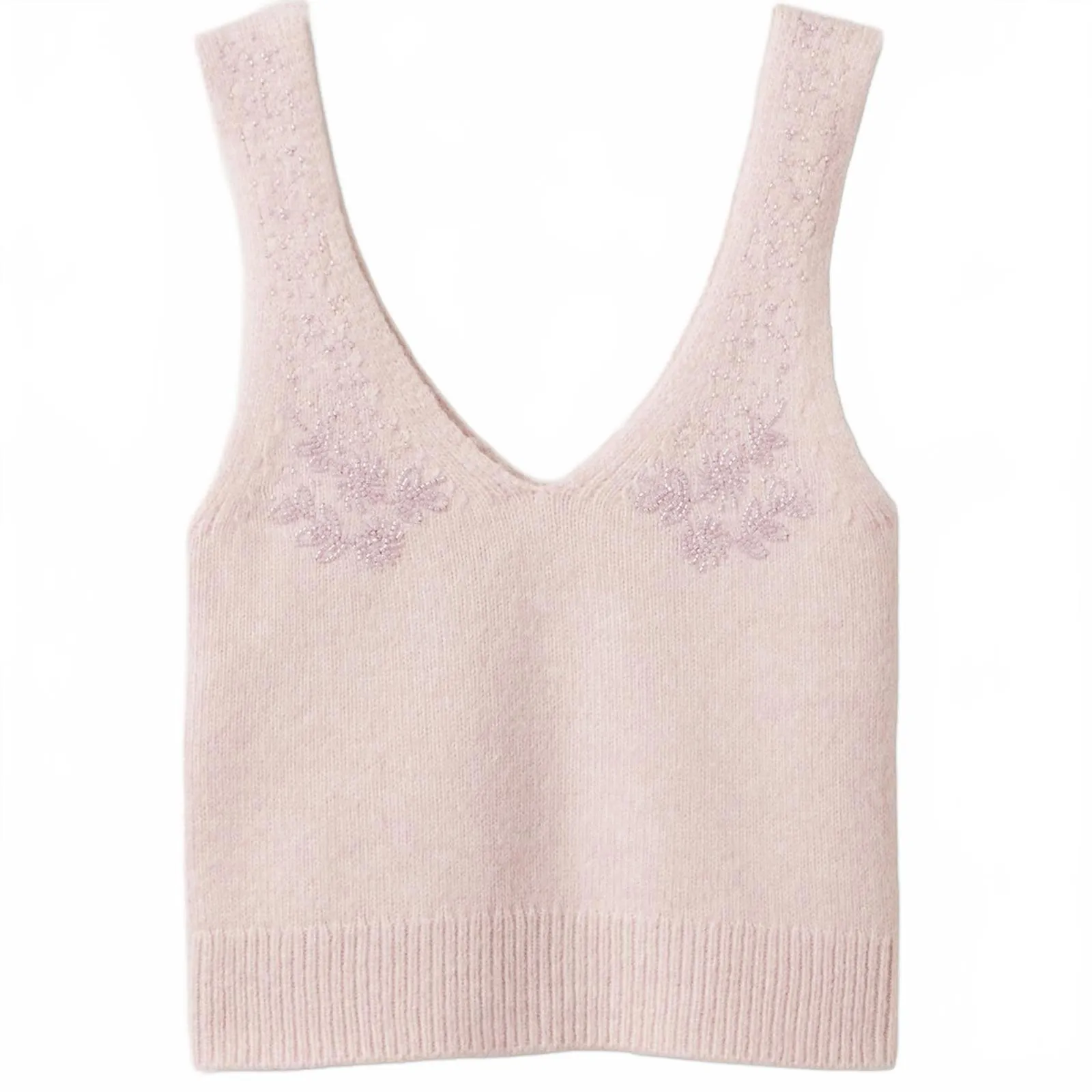 Mango Wool-Blend V-Neck Beading Detail Vest Top Pastel Pink Purple NWT Large - Image 2