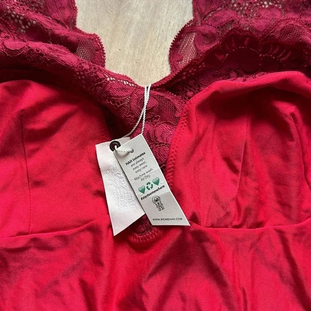 NWT Free People x We are HAH Top Heavy Bodysuit Rouge Red Lace Trim Sz S - Image 6