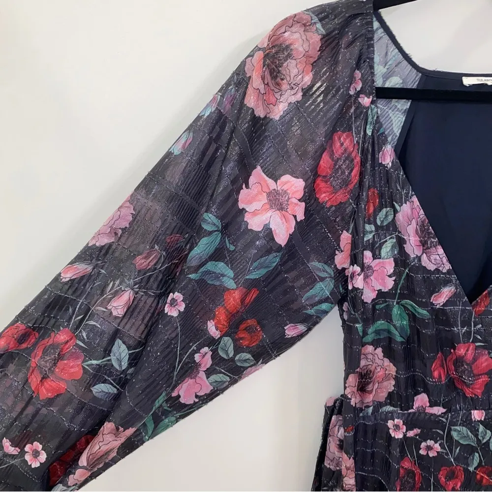 Revolve Tularosa Cora Wrap Dress Metallic Gown Black Purple Red Floral Small - Image 5