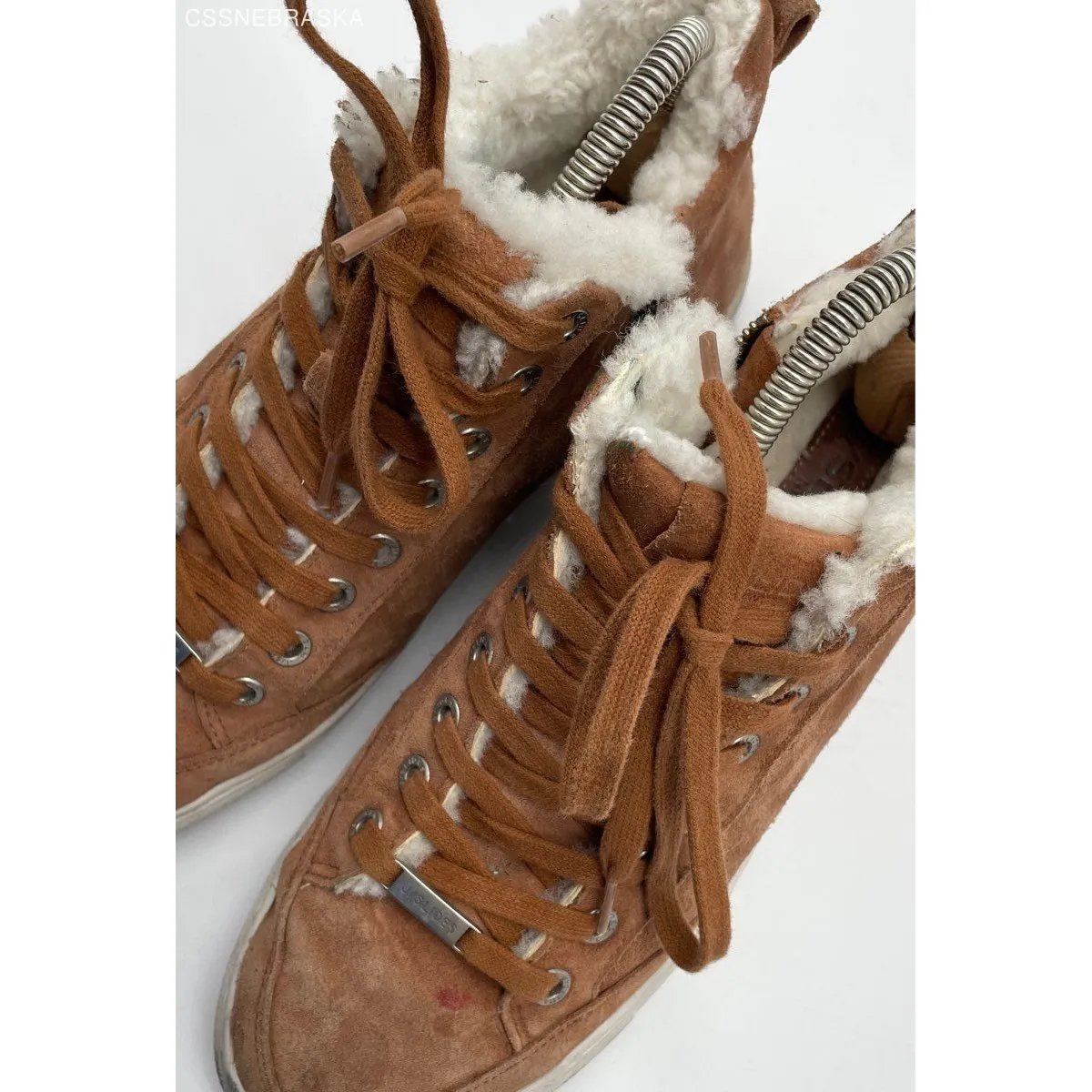 J/SLIDES Brown Leslie Shearling Trim Suede Leather Mid Top Sneakers - Image 8