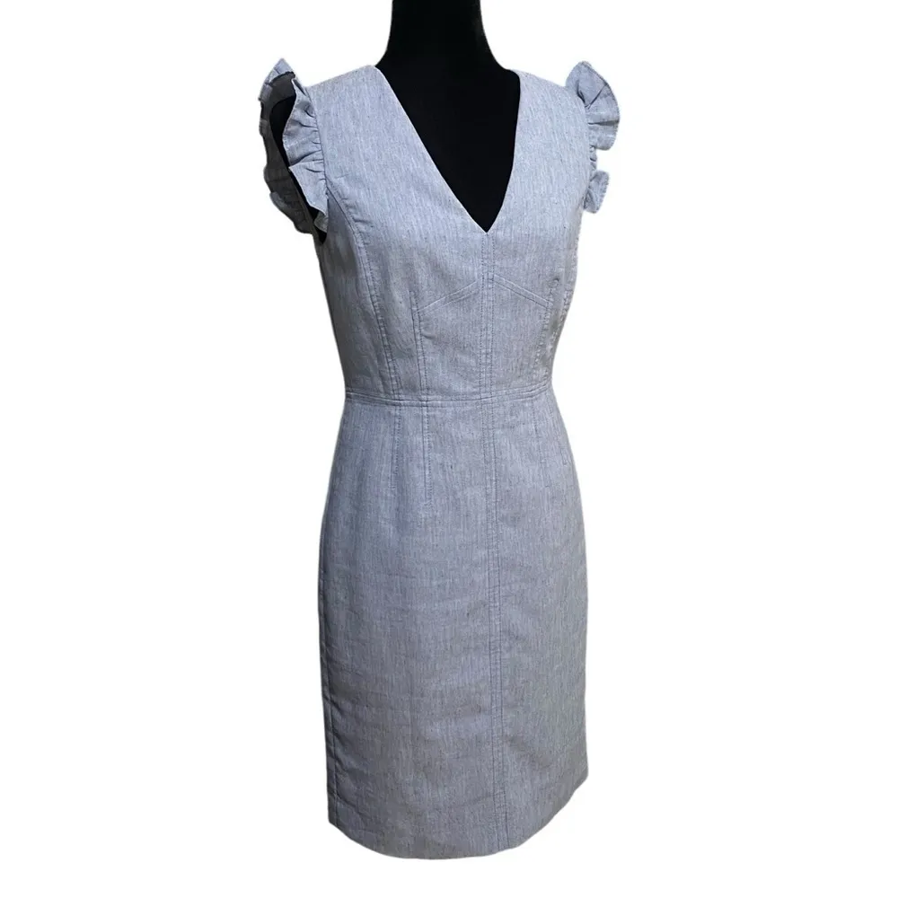 Rebecca Taylor Tailored Linen Ruffle Sleeve Shift Dress Light Blue Size 4 - Image 3