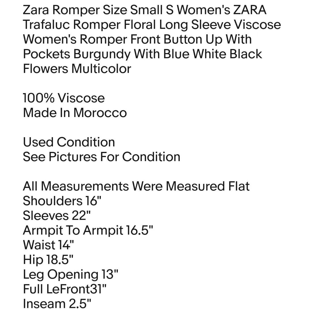 Zara Romper Size Small S Women's ZARA Trafaluc Romper Floral Long Sleeve Viscose  - Image 2