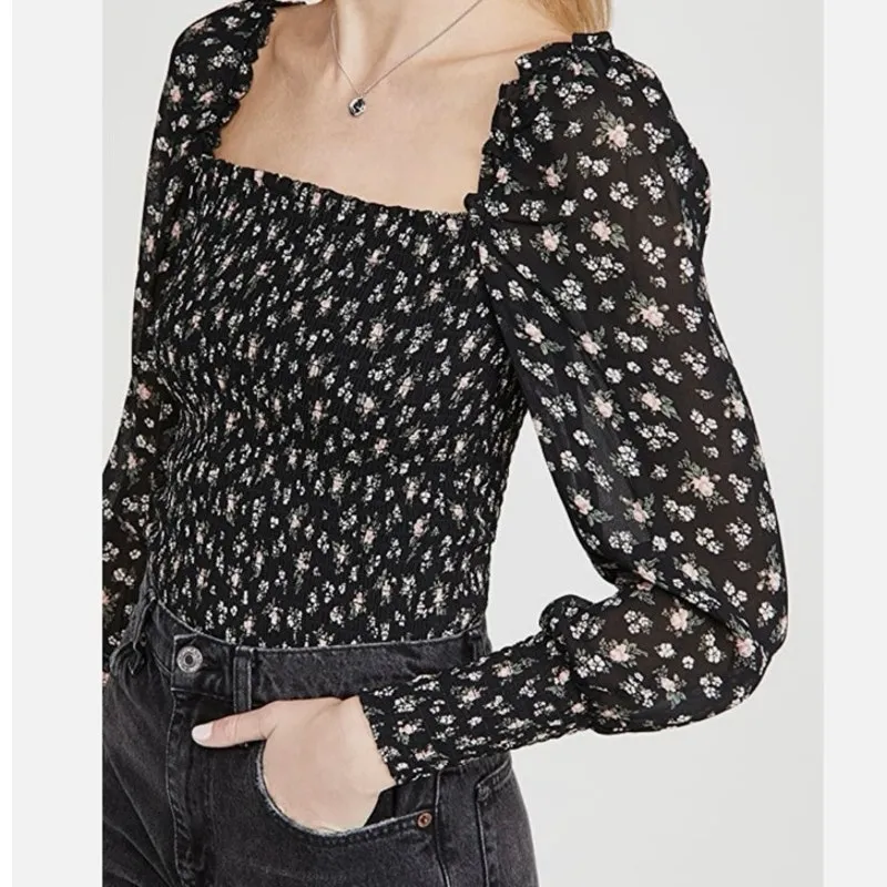 Reformation NEW Pinto Black Pink Floral Print Smocked Shirt‎ Small - Image 5