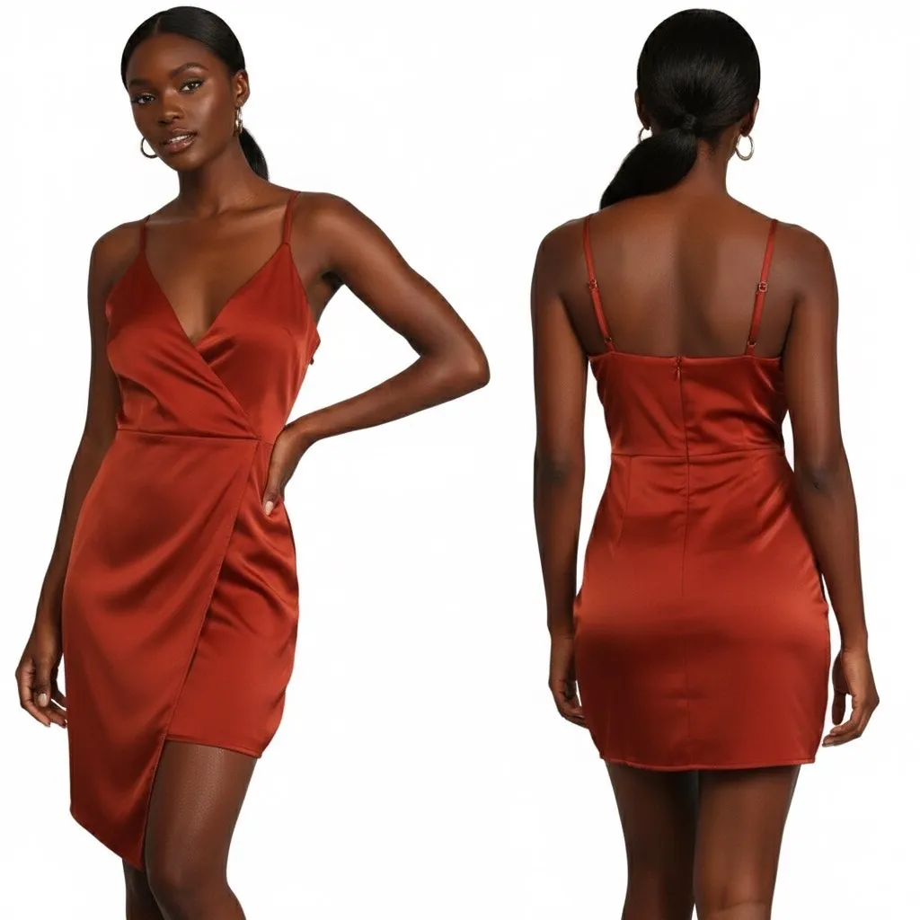 Lulus Satin Wrap Mini Dress Womens XL Rust Asymmetrical Glam Formal Cocktail - Image 2