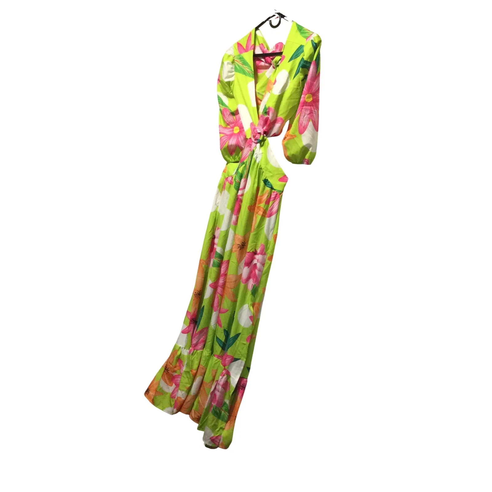 Floral Maxi Dress Green Pink Orange Cutout‎ Tie Back Balloon Sleeve XL - Image 4