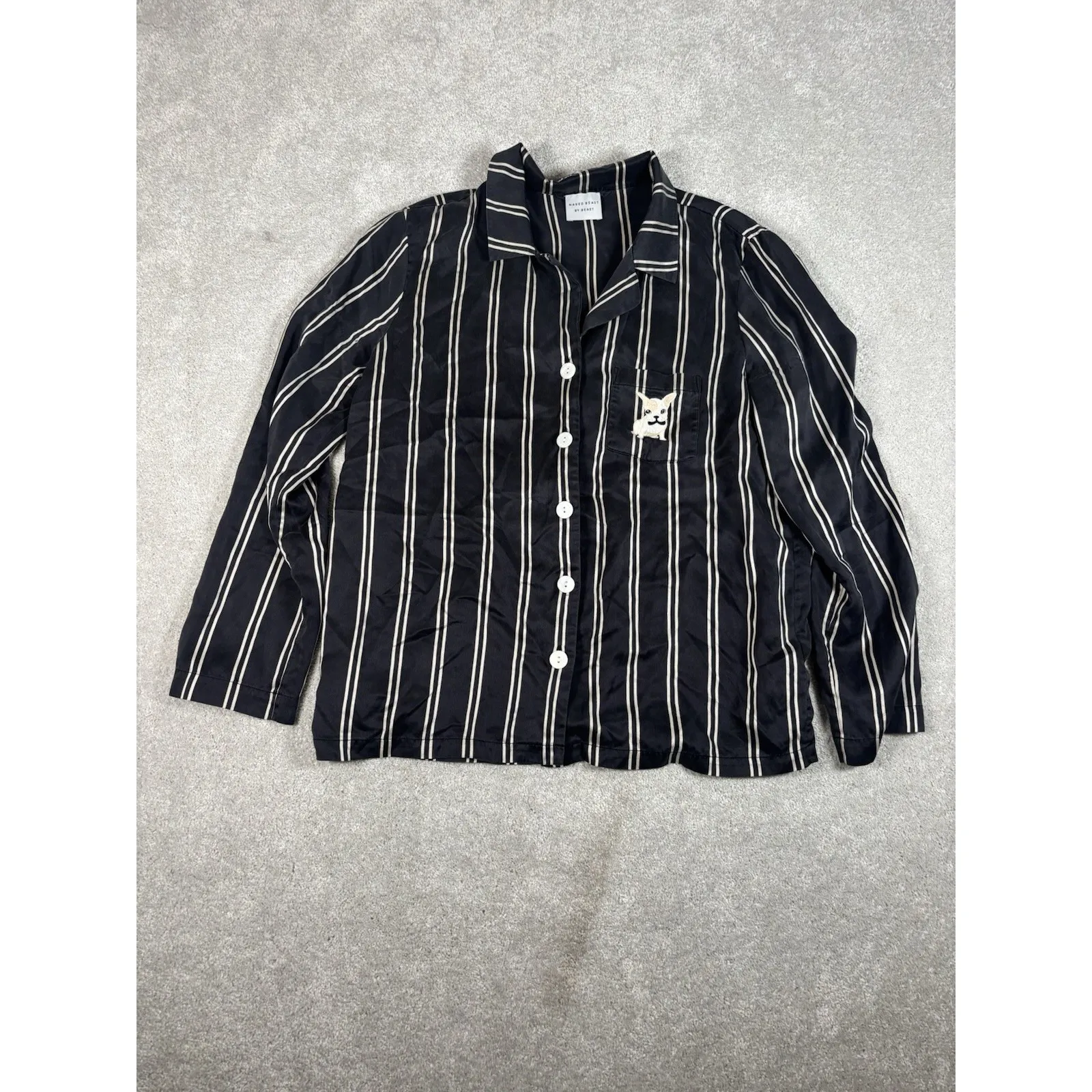 naked beast by beast silk pajama‎ top large striped button up Black - Image 4