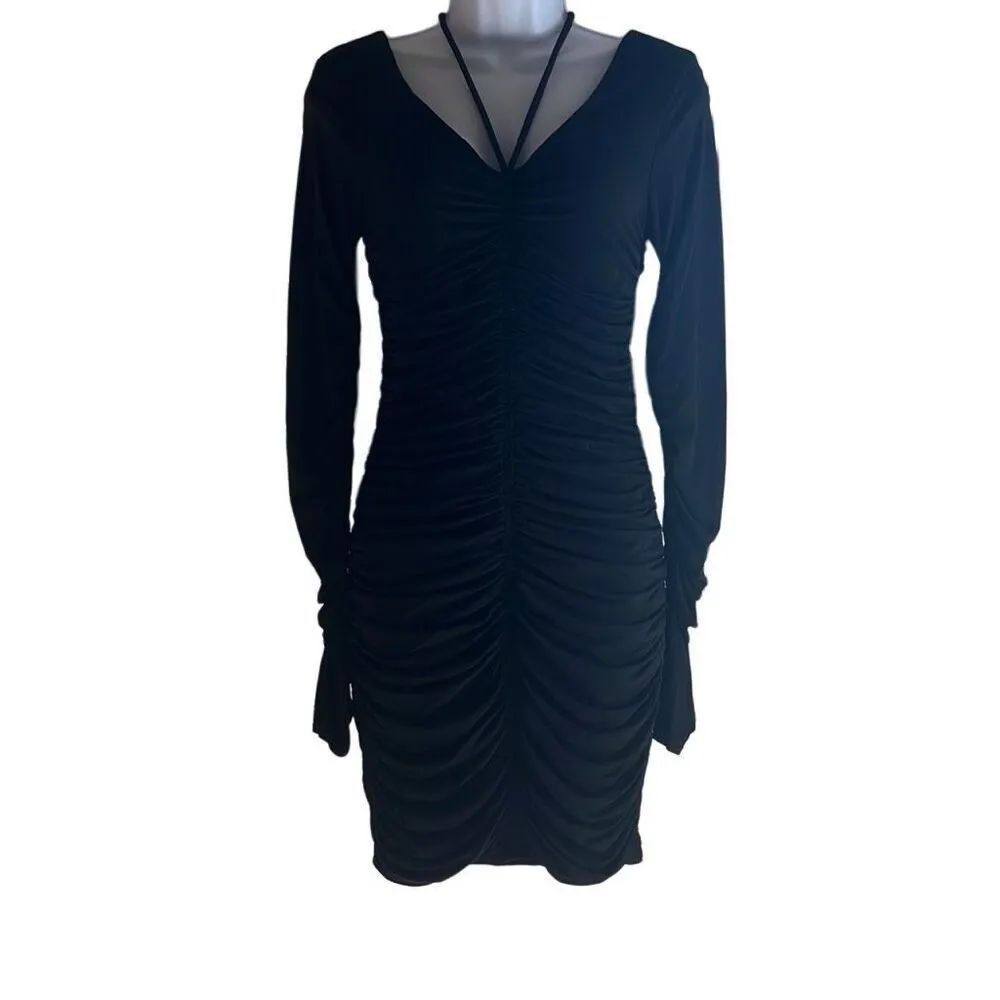 A.L.C. Black Ruched Bodycon Mini Dress Long Sleeve Halter Neck Medium $495 NWT - Image 2
