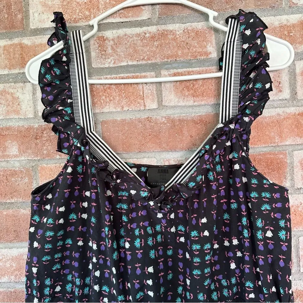 Anna Sui Anthropologie Silk Blend Mini Dress Women’s 8 Black Print - Image 2