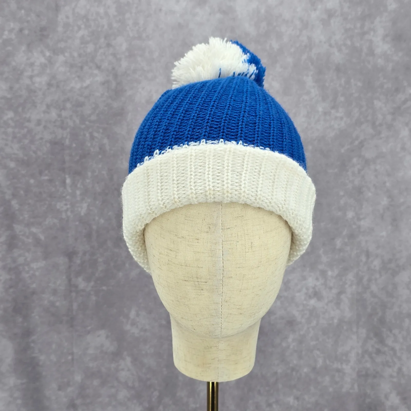 Blue White Pom Pom Crochet Knit Bucket Cap Hat Fun Vintage Y2K Funky Beanie - Image 2