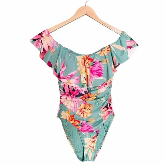NWT La Blanca Jade Garden Floral Off Shoulder Ruffle One-Piece Swimsuit Size 8 - Image 2