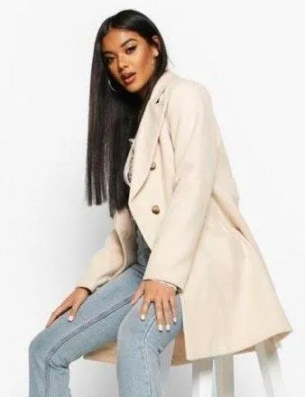 Boohoo Beige Double Breasted Wool Look Coat  - Image 3