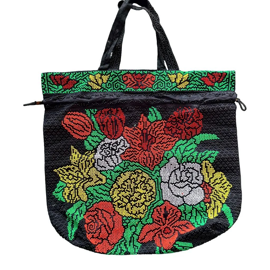Vintage Hong Kong Candy Beaded Floral Tote Bag 80s 90s Y2K Festival Bag Black - Image 7