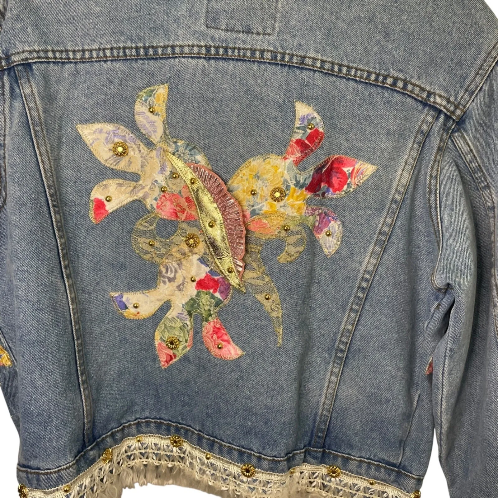 Gazoz 80s Embellished Denim Jacket‎ Floral Applique Lace Trim Unique Vintage M Blue Size M - Image 8