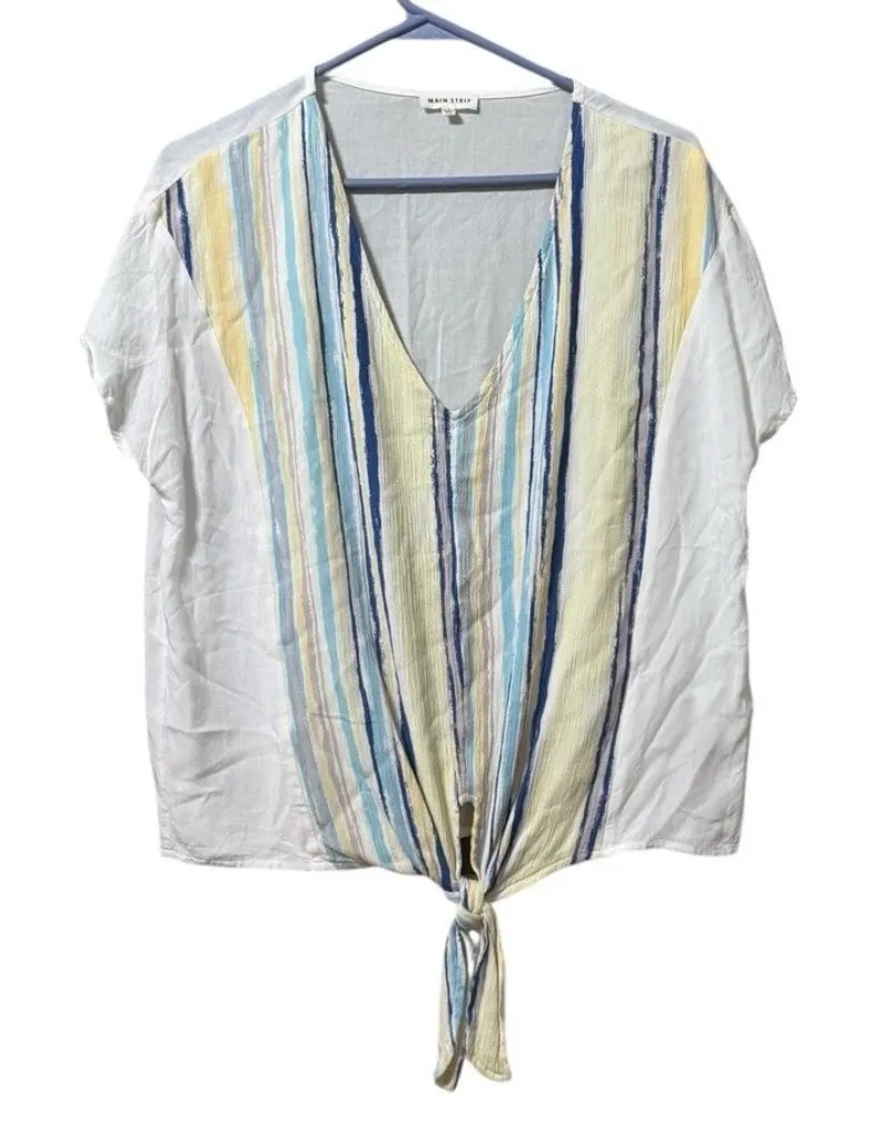 Main Strip Striped Shirt Size Small Tie Bottom Short Sleeve Rayon Lightweight - Image 1