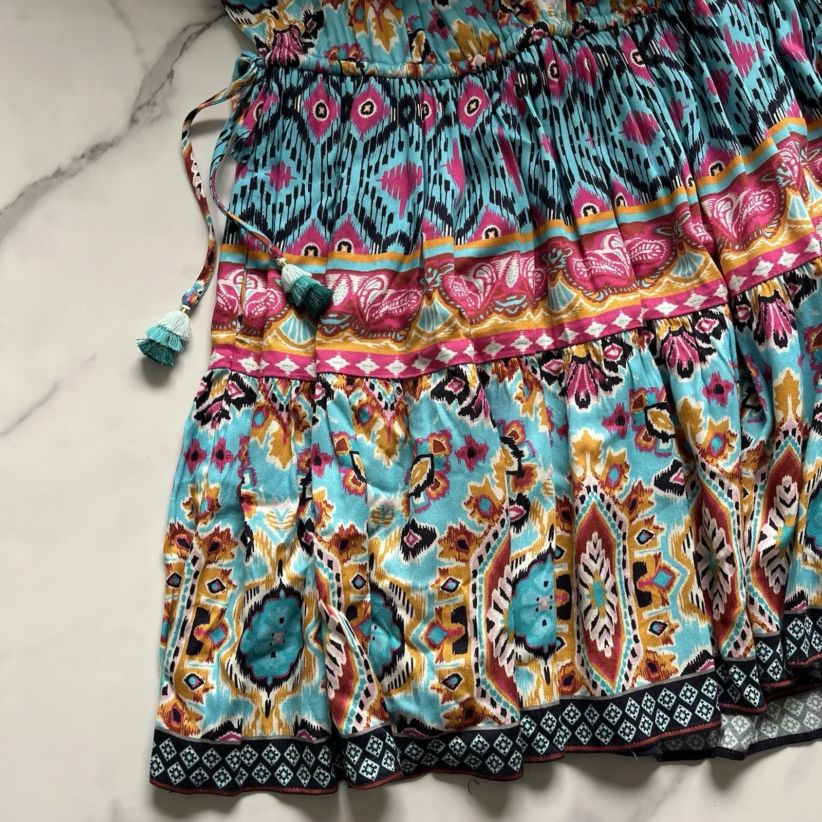 Hale Bob Oona mini Dress Turquoise blue Size M Boho chic Western Festival tunic - Image 9