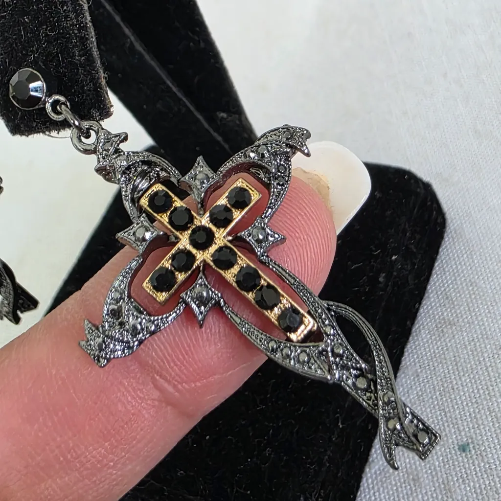 Unique Design Gunmetal with Gold Inner Cross Earrings - Image 3