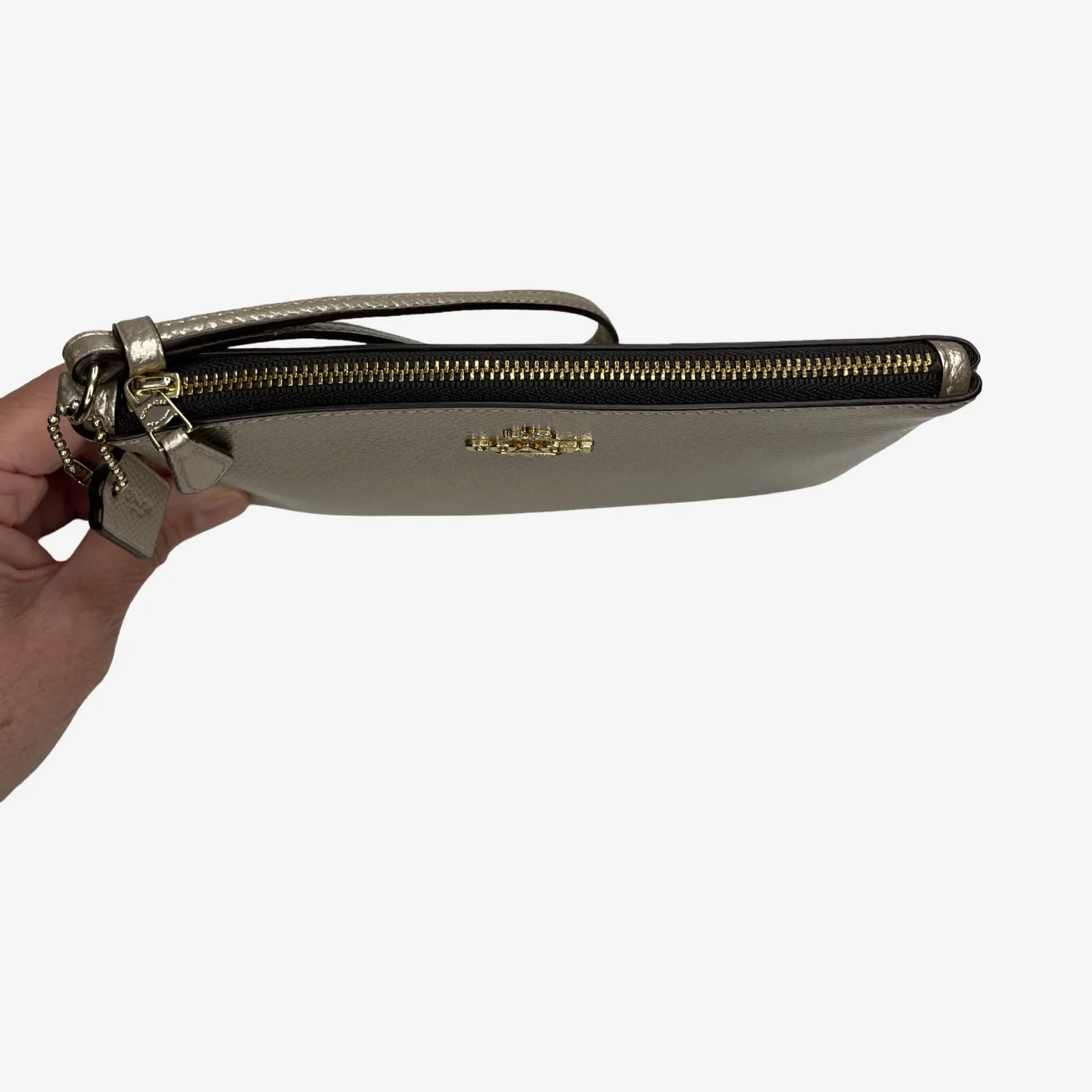 Coach Metallic Leather Large Corner Zip Wristlet Gold Pebbled Leather - Image 6