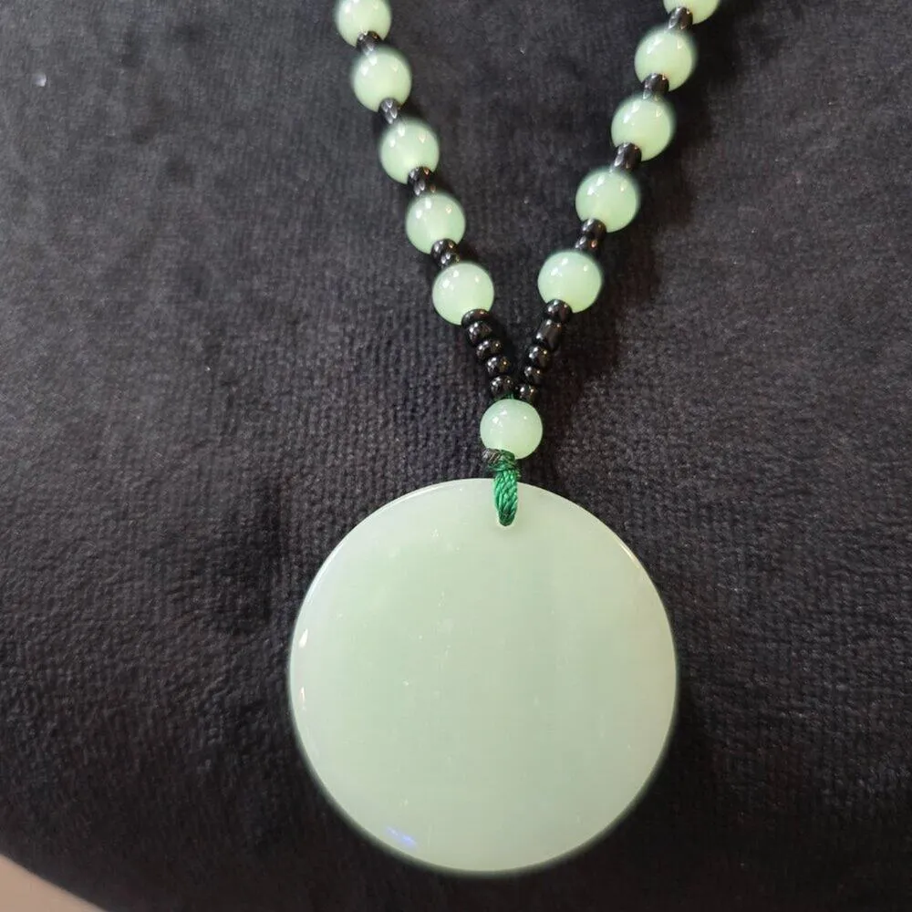 Womens Light Green Jade & Black Accents Seed Bead Pixiu Circle Pendant Necklace - Image 6