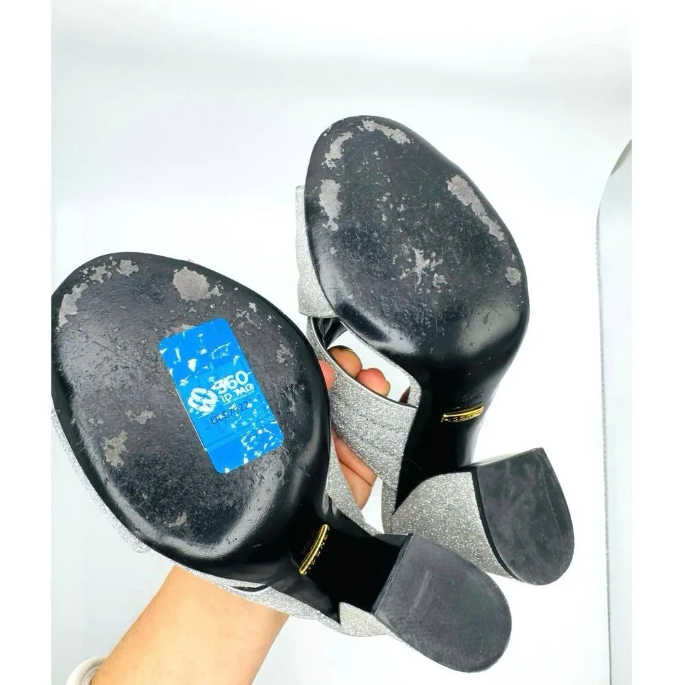 GUCCI Glitter Fabric Webby Crossover High Heel Slide Sandals in Argento 38.5 - Image 12