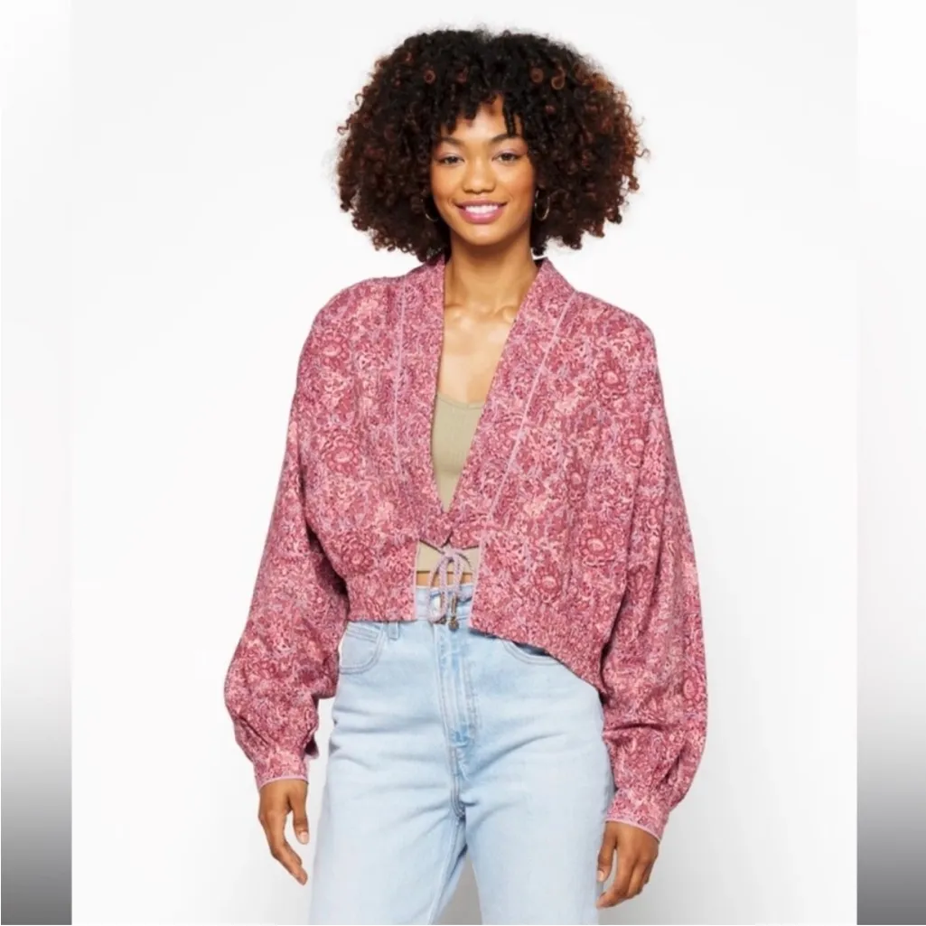 Free People Rosalina Tie‎ Front Jacket Barbie Core Cropped Paisley Mocha Convo M - Image 12