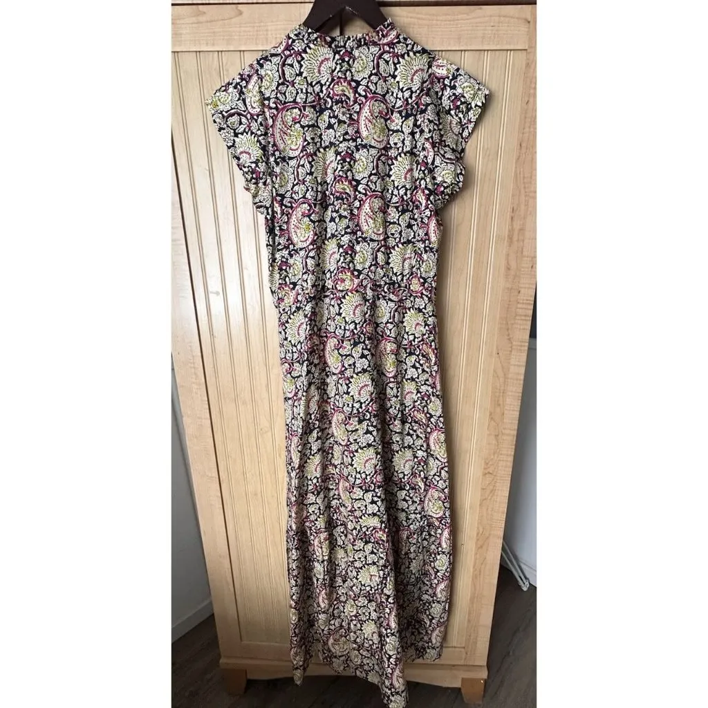 LOVE TOMAS BY EMERSON FRY Frances Frill Dress Navy Paisley Print Size XS EUC Yellow - Image 7